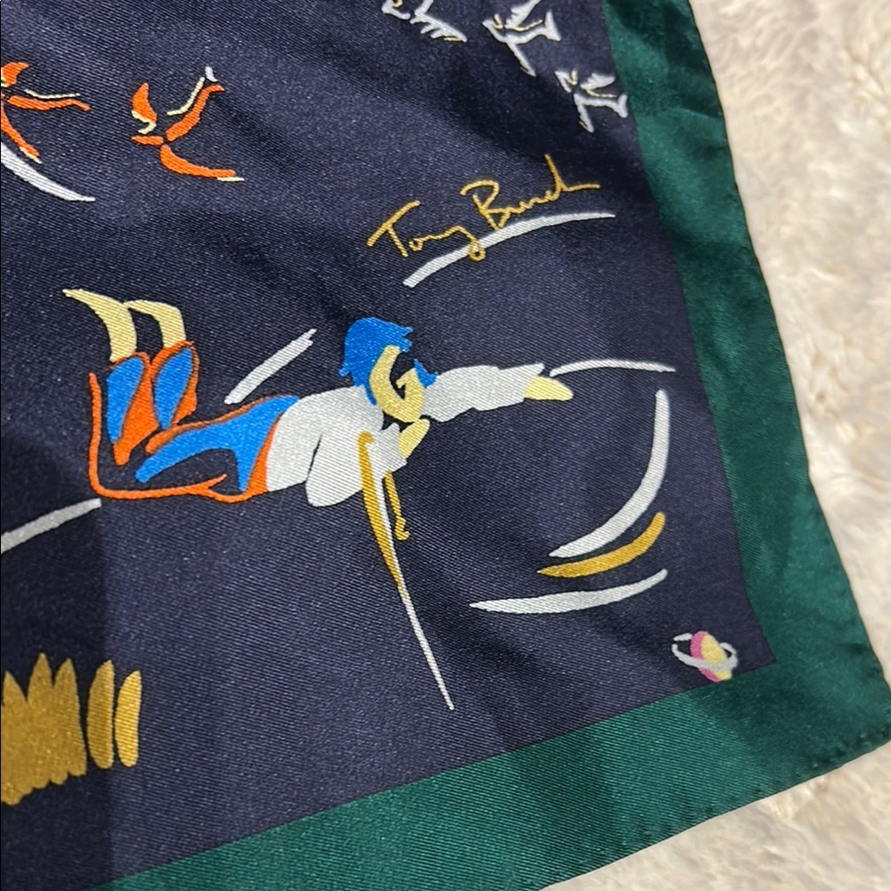 Tory Burch Silk Scarf with Navy and Green Accents - Picture 5 of 6